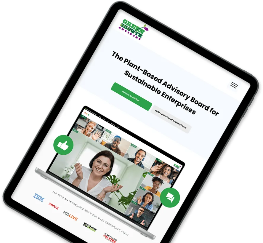 The Green Growth Advisory site on a tablet, showing a live advisory board meeting