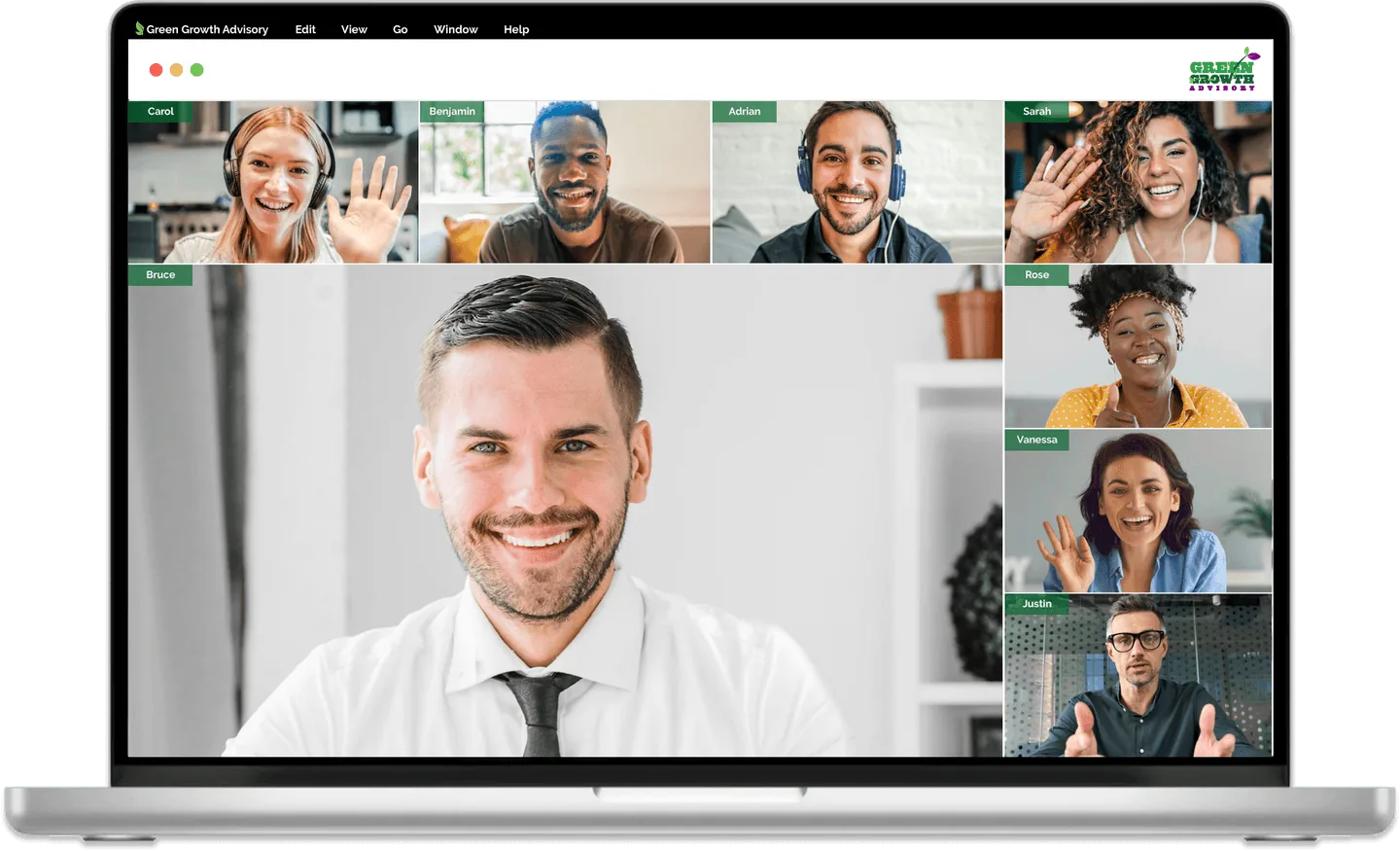 The Green Growth Advisory meeting screen on a laptop, with a dozen advisors on a video call